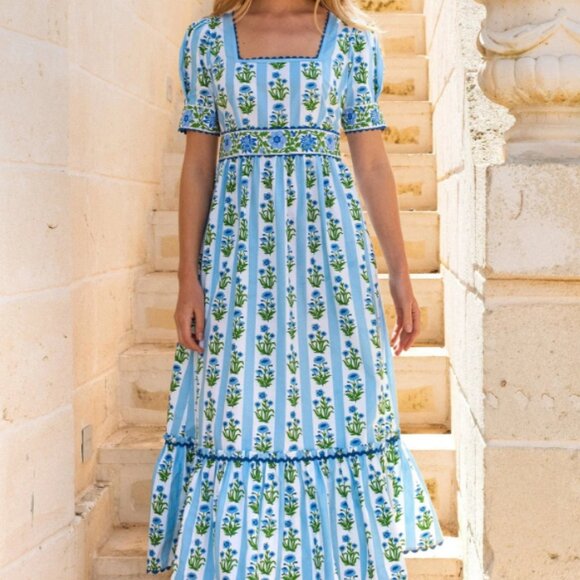 Pink City Prints Dresses & Skirts - Pink City Prints Evelyn Dress Sky Lily Stripe Blue Floral Block Print Large